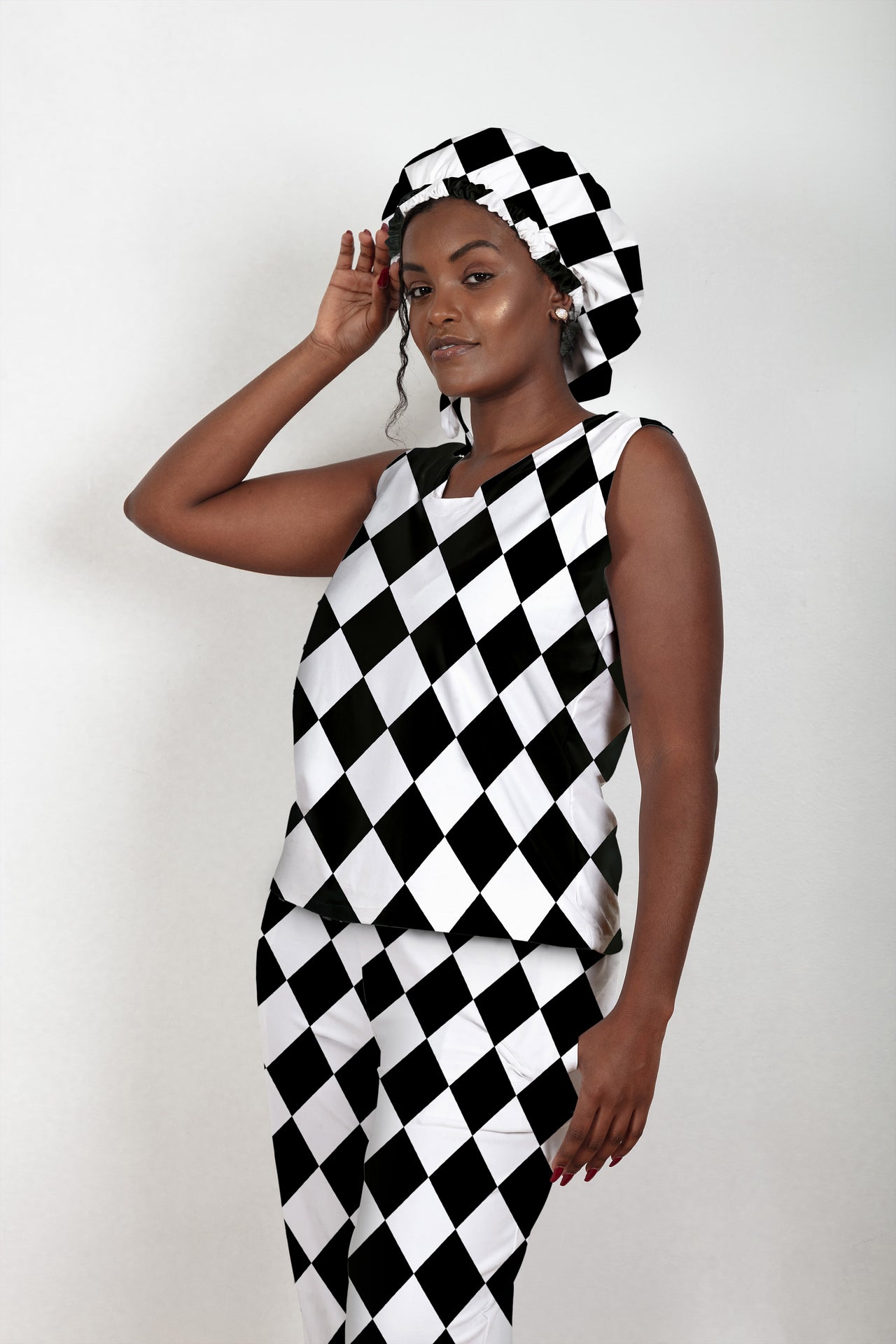 Soft and comfy Bamboo fabric, Black and White Diamond women's sleepwear/loungewear.  Women's Pajamas with a Matching satin-lined bonnet.