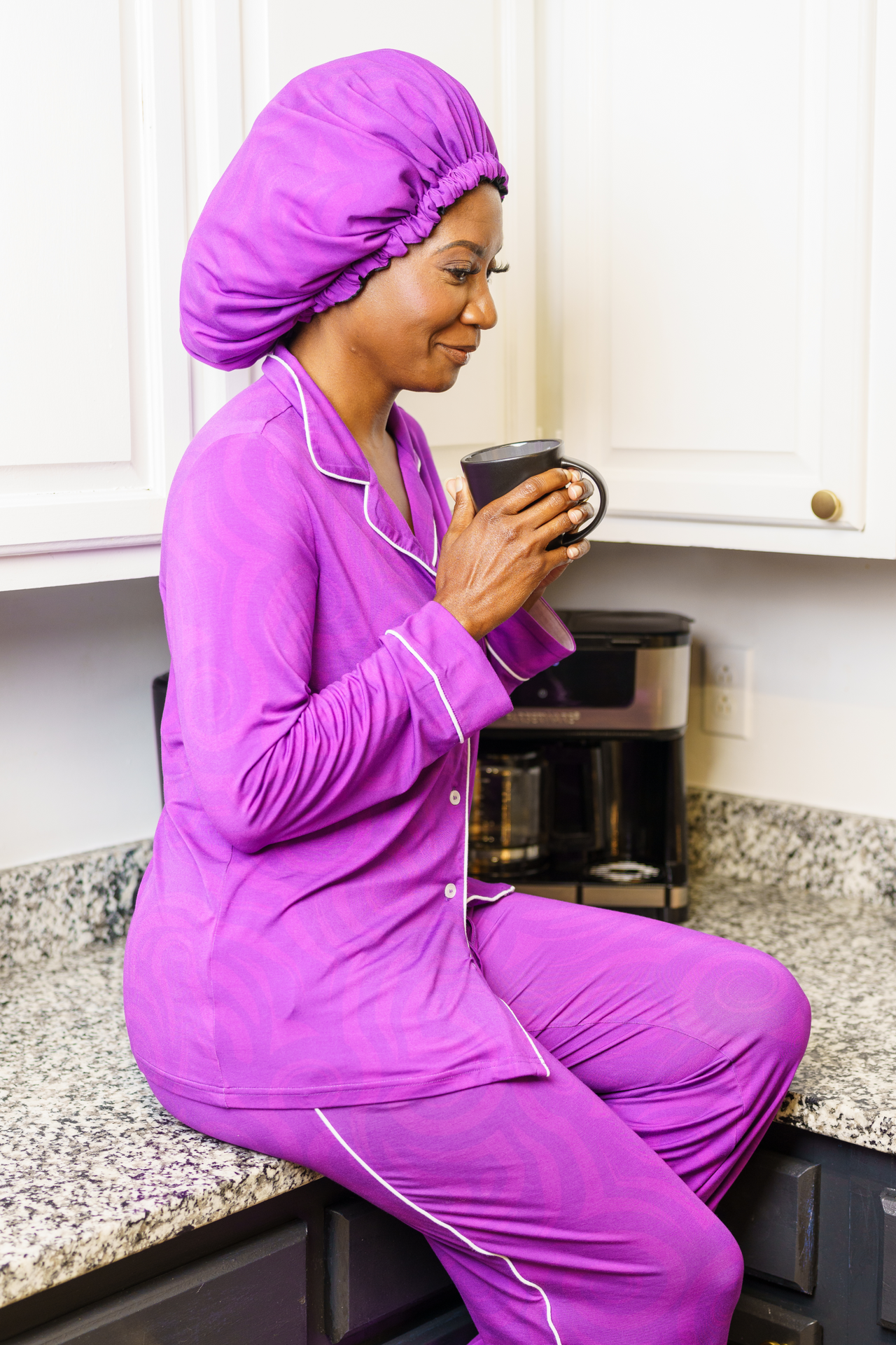 Women's Bamboo Moisture Wicking, Purple Passion Long Sleeve Pajama Pants Set, With A Matching Satin-Lined Bonnet