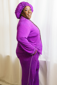Thumbnail for Women's Bamboo Moisture Wicking, Purple Passion Long Sleeve Pajama Pants Set, With A Matching Satin-Lined Bonnet