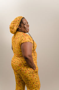 Thumbnail for Women's Bamboo Moisture Wicking, Yellow Floral Short Sleeve Pajama Pants Set, With A Matching Satin-Lined Bonnet