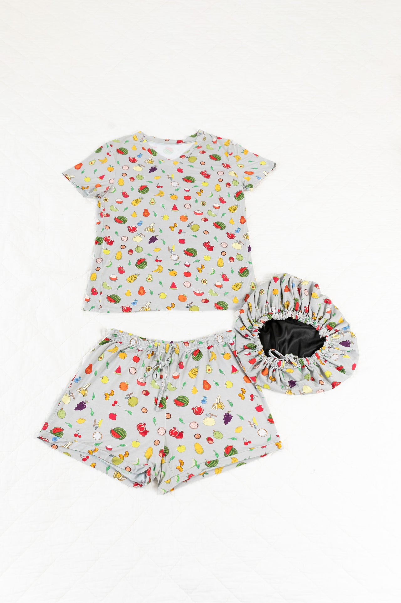 Women's Bamboo Moisture Wicking, Fruity Tootie Short Sleeve Pajama Shorts Set, With A Matching Satin-Lined Bonnet