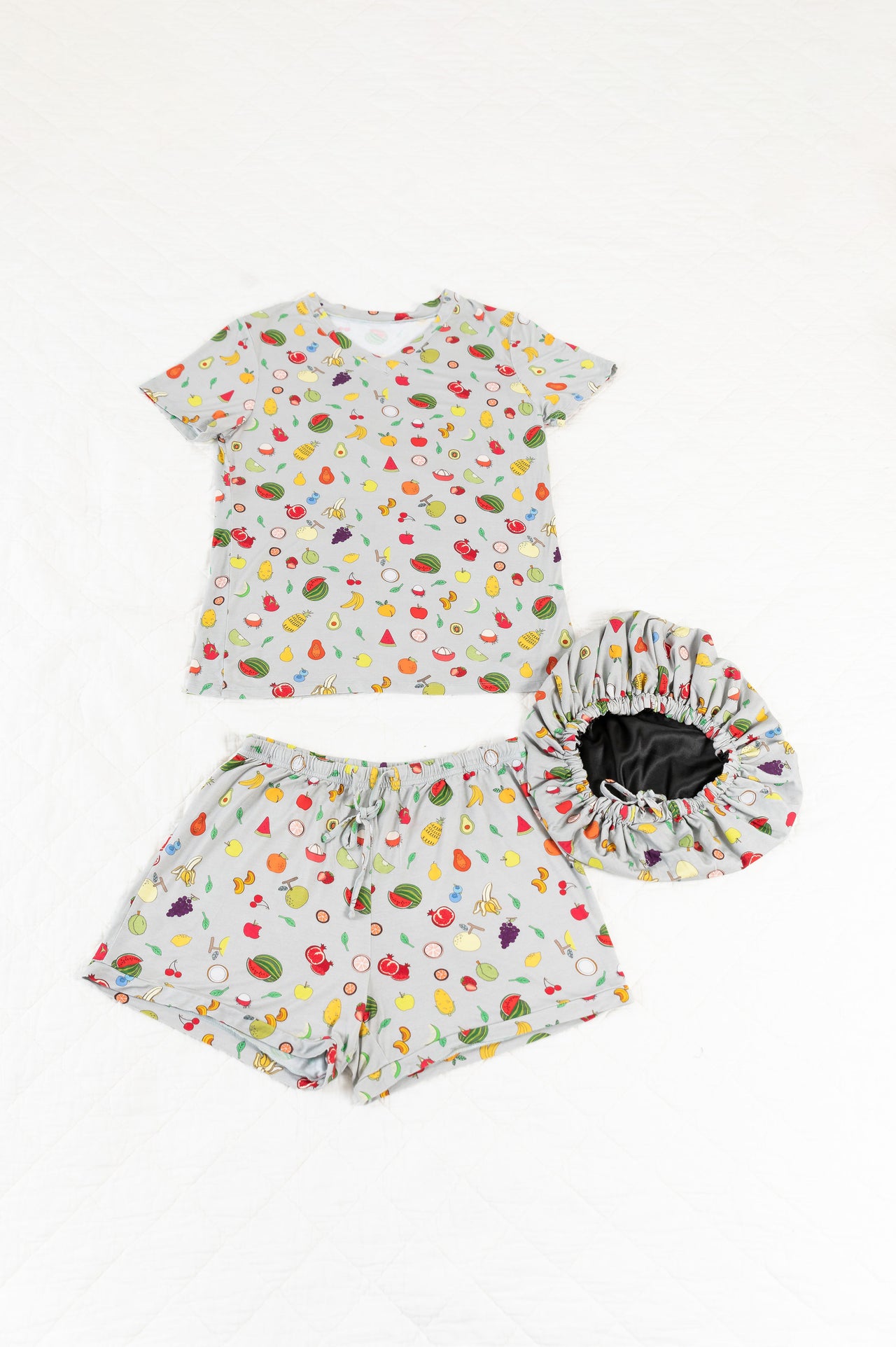 Fruity Tootie - Bamboo Pajama Shorts Set, With A Matching Satin-Lined Bonnet