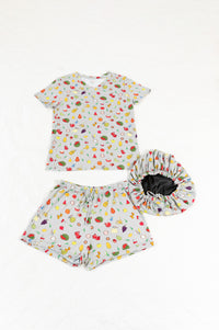 Thumbnail for Fruity Tootie - Bamboo Pajama Shorts Set, With A Matching Satin-Lined Bonnet