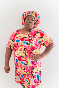 Thumbnail for Nail Polish - Bamboo Short Sleeve Nightgown Set, With A Matching Satin-Lined Bonnet