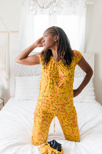 Thumbnail for Women's Bamboo Moisture Wicking, Yellow Floral Short Sleeve Pajama Pants Set, With A Matching Satin-Lined Bonnet