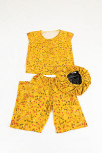 Thumbnail for Women's Bamboo Moisture Wicking, Yellow Floral Short Sleeve Pajama Pants Set, With A Matching Satin-Lined Bonnet