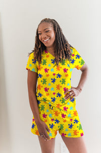 Thumbnail for Puzzle Pieces - Bamboo Short Sleeve Pajama Shorts Set, With A Matching Satin-Lined Bonnet