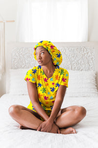 Thumbnail for Puzzle Pieces - Bamboo Short Sleeve Pajama Shorts Set, With A Matching Satin-Lined Bonnet