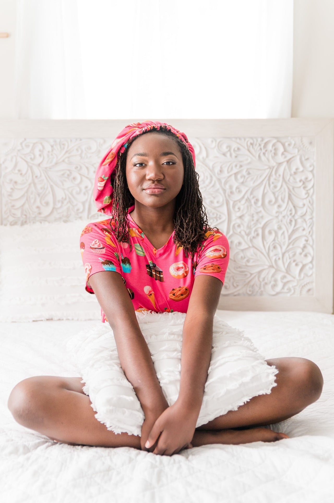 Women's Moisture Wicking, Sweet Tooth Short Sleeve Pajama Shorts Set, With A Matching Satin-Lined Bonnet