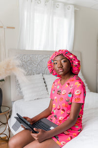 Thumbnail for Women's Moisture Wicking, Sweet Tooth Short Sleeve Pajama Shorts Set, With A Matching Satin-Lined Bonnet