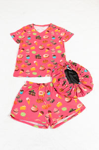Thumbnail for Sweet Tooth -  Bamboo Pajama Shorts Set, With A Matching Satin-Lined Bonnet