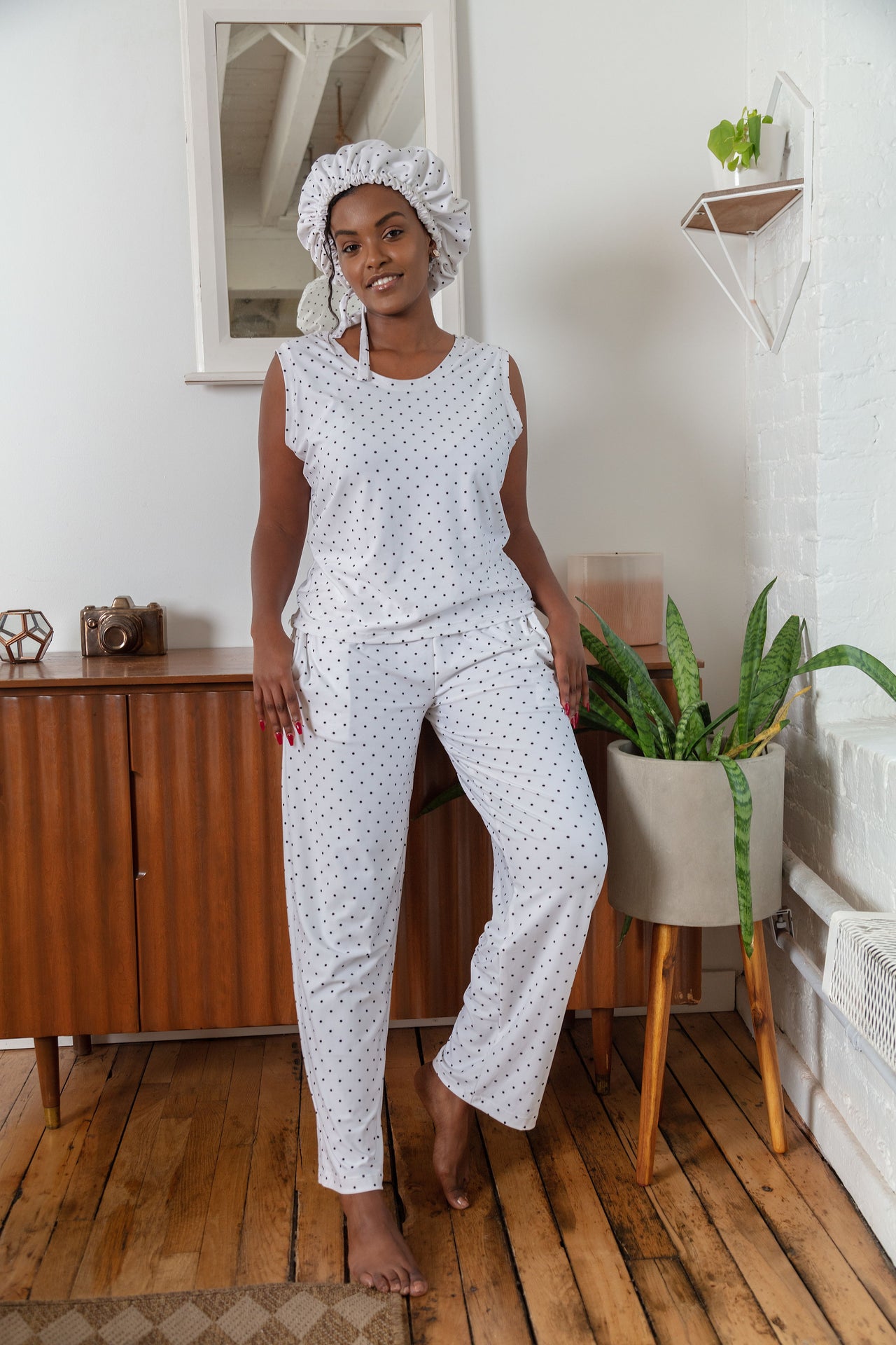 Soft and comfy Bamboo fabric, White and Black Polka Dots women's sleepwear/loungewear. Women's Pajama pants set with a Matching satin-lined bonnet.