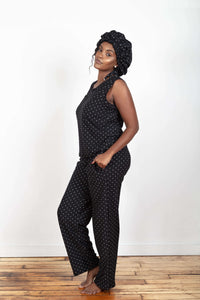 Thumbnail for Soft and comfy Bamboo fabric, Black and White Polka Dots women's sleepwear/loungewear. Women's Pajama pants set with a Matching satin-lined bonnet.