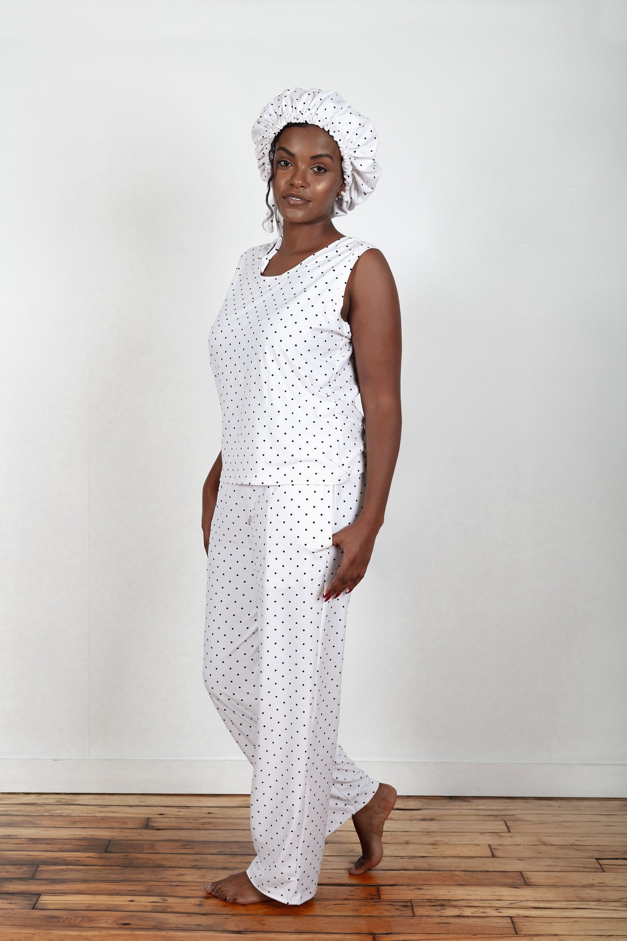 Soft and comfy Bamboo fabric, White and Black Polka Dots women's sleepwear/loungewear. Women's Pajama pants set with a Matching satin-lined bonnet.