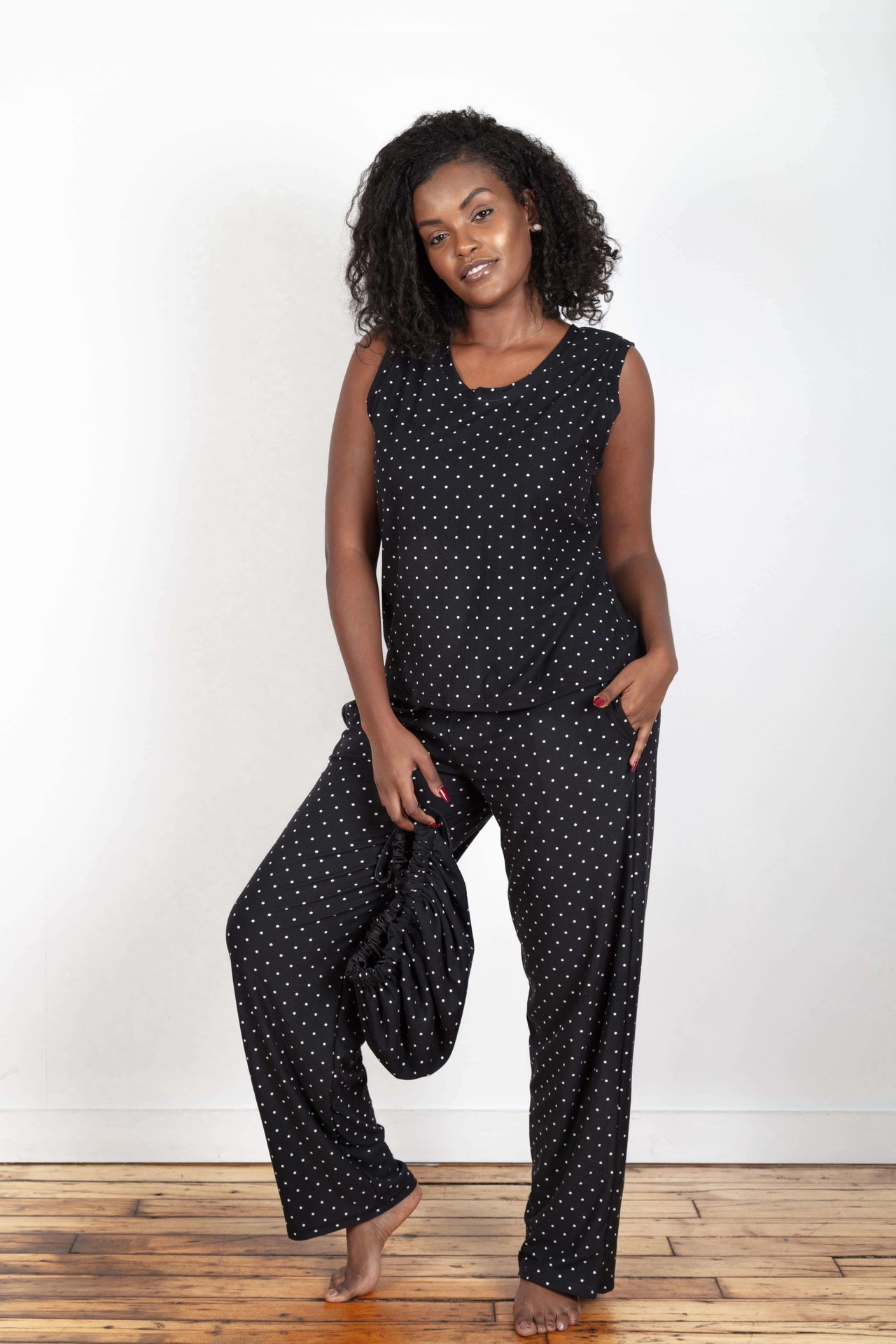 Soft and comfy Bamboo fabric, Black and White Polka Dots women's sleepwear/loungewear. Women's Pajama pants set with a Matching satin-lined bonnet.