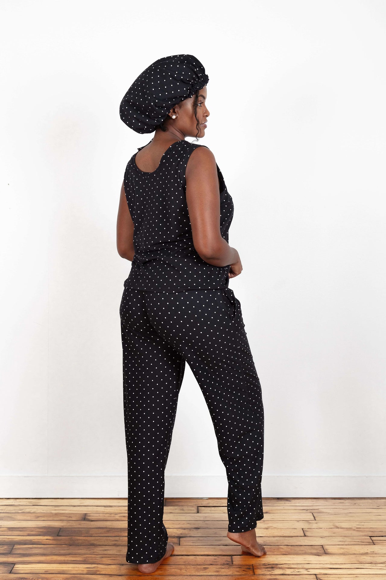 Soft and comfy Bamboo fabric, Black and White Polka Dots women's sleepwear/loungewear. Women's Pajama pants set with a Matching satin-lined bonnet.
